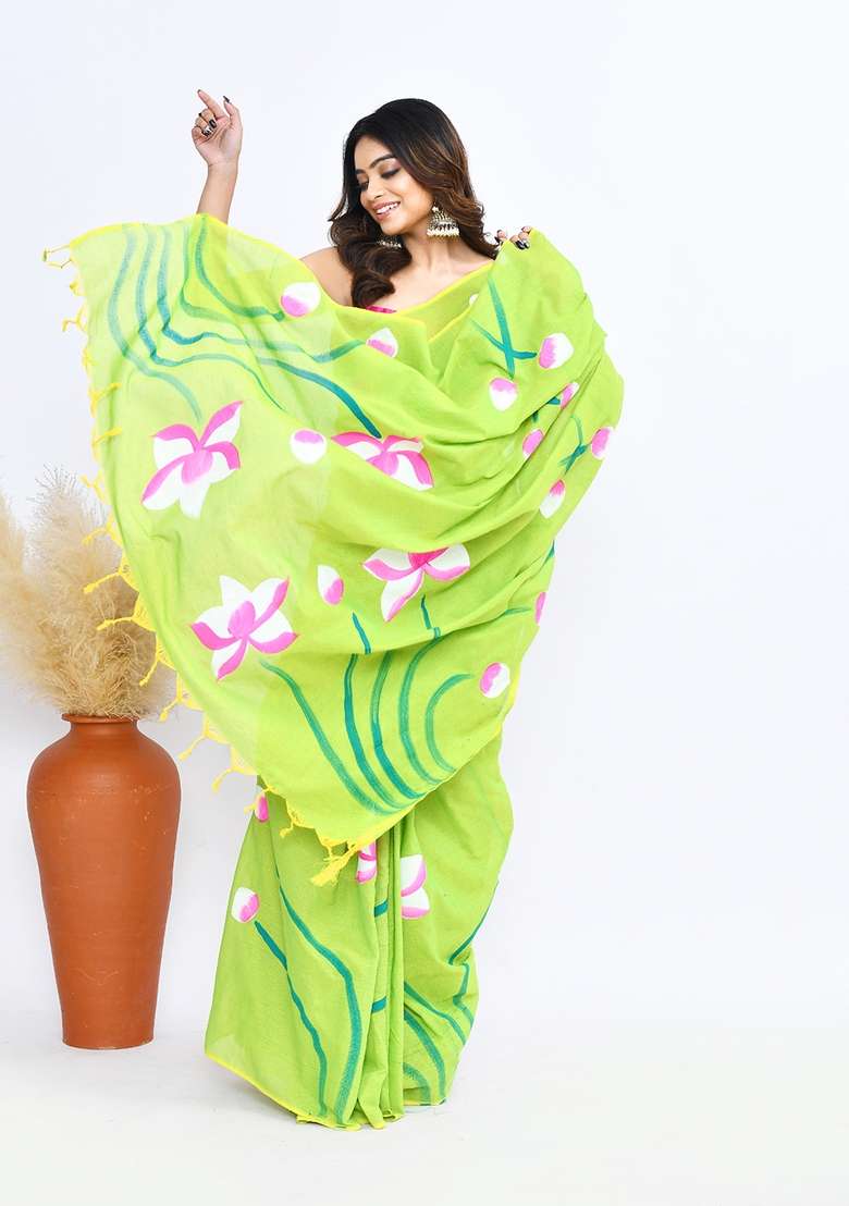 Green Hand Print Khadi Saree Set - Indya