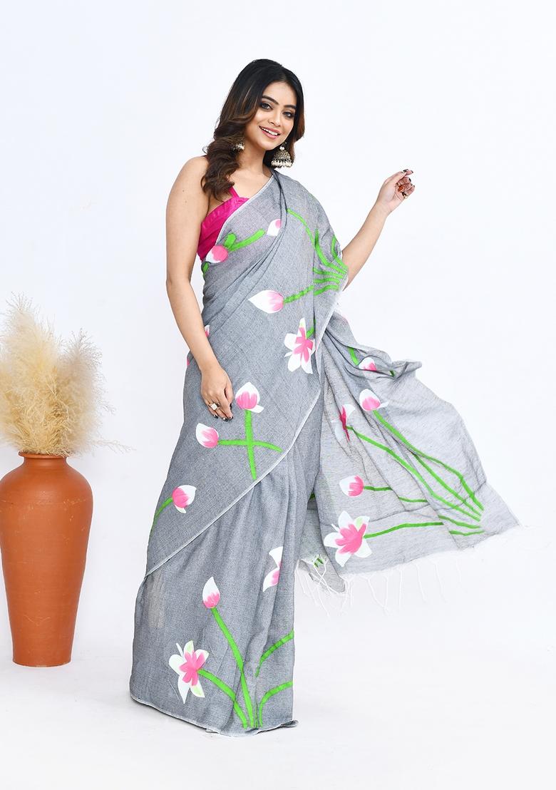 Grey Hand Print Khadi Saree Set - Indya