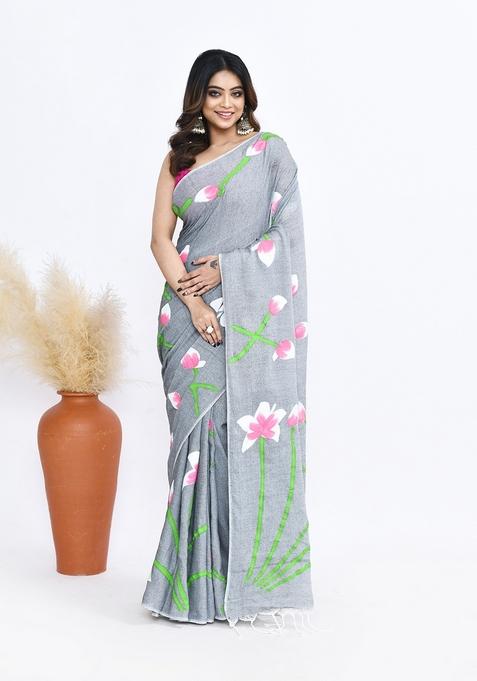 Grey Hand Print Khadi Saree Set