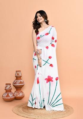 White Hand Print Khadi Saree Set