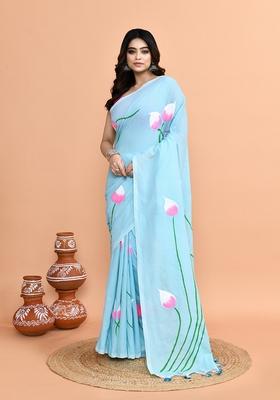 Sky Blue Hand Print Khadi Saree Set