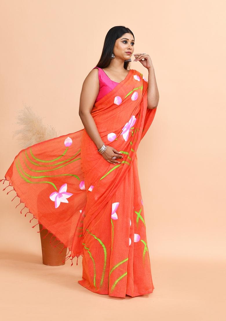 Orange Hand Print Khadi Saree Set - Indya