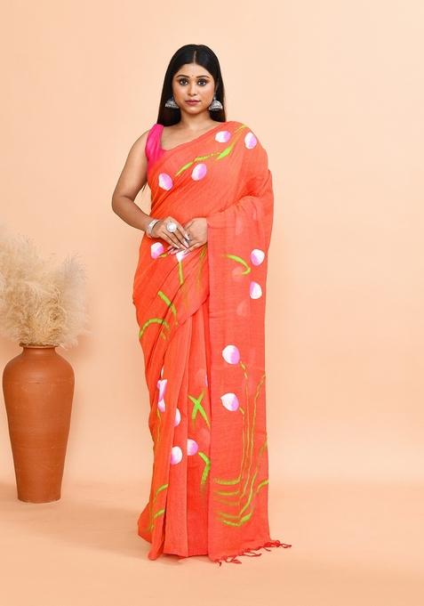 Orange Hand Print Khadi Saree Set