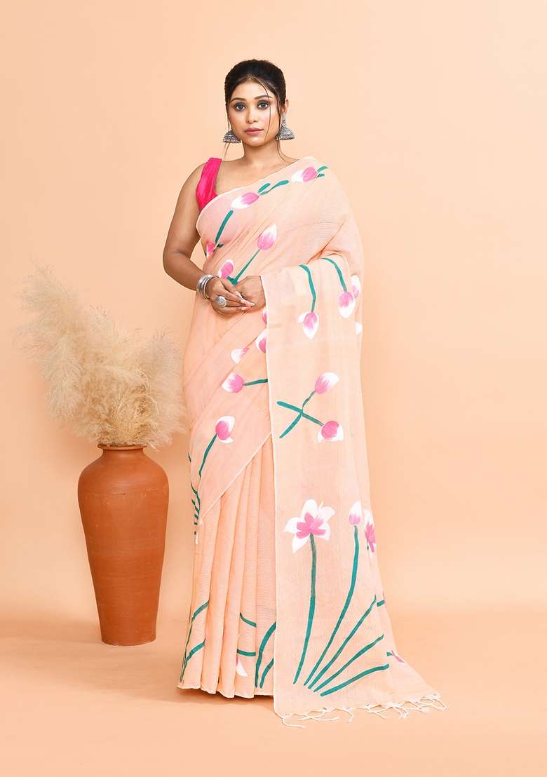 Peach Hand Print Khadi Saree Set - Indya