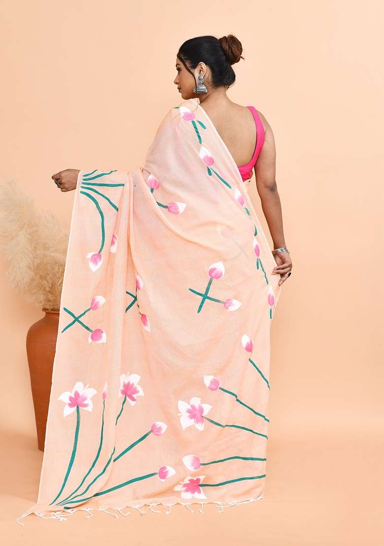 Peach Hand Print Khadi Saree Set - Indya