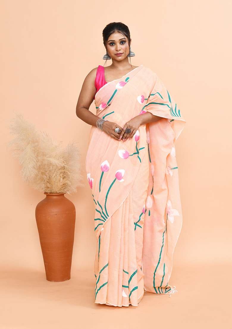 Peach Hand Print Khadi Saree Set - Indya