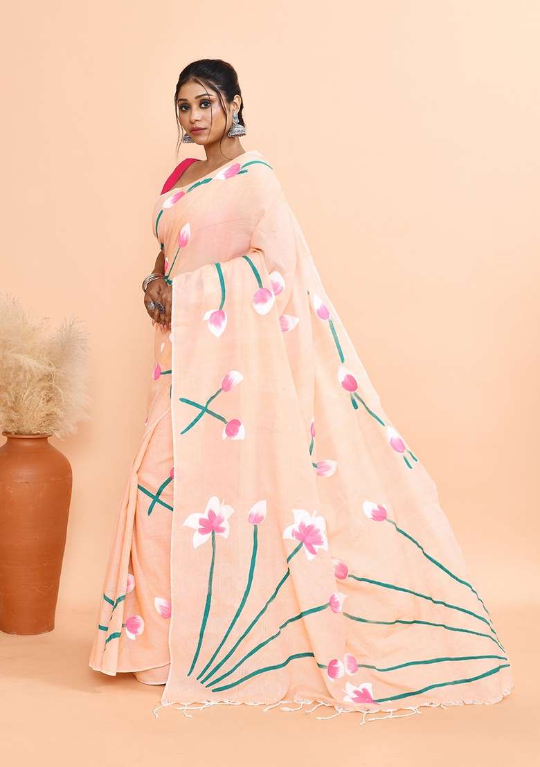 Peach Hand Print Khadi Saree Set - Indya
