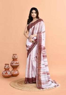 White Brown Printed Cotton Saree Set