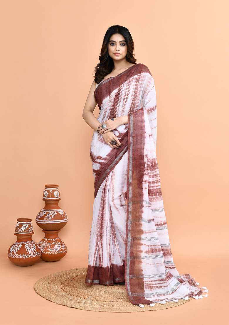 White Brown Printed Cotton Saree Set - Indya