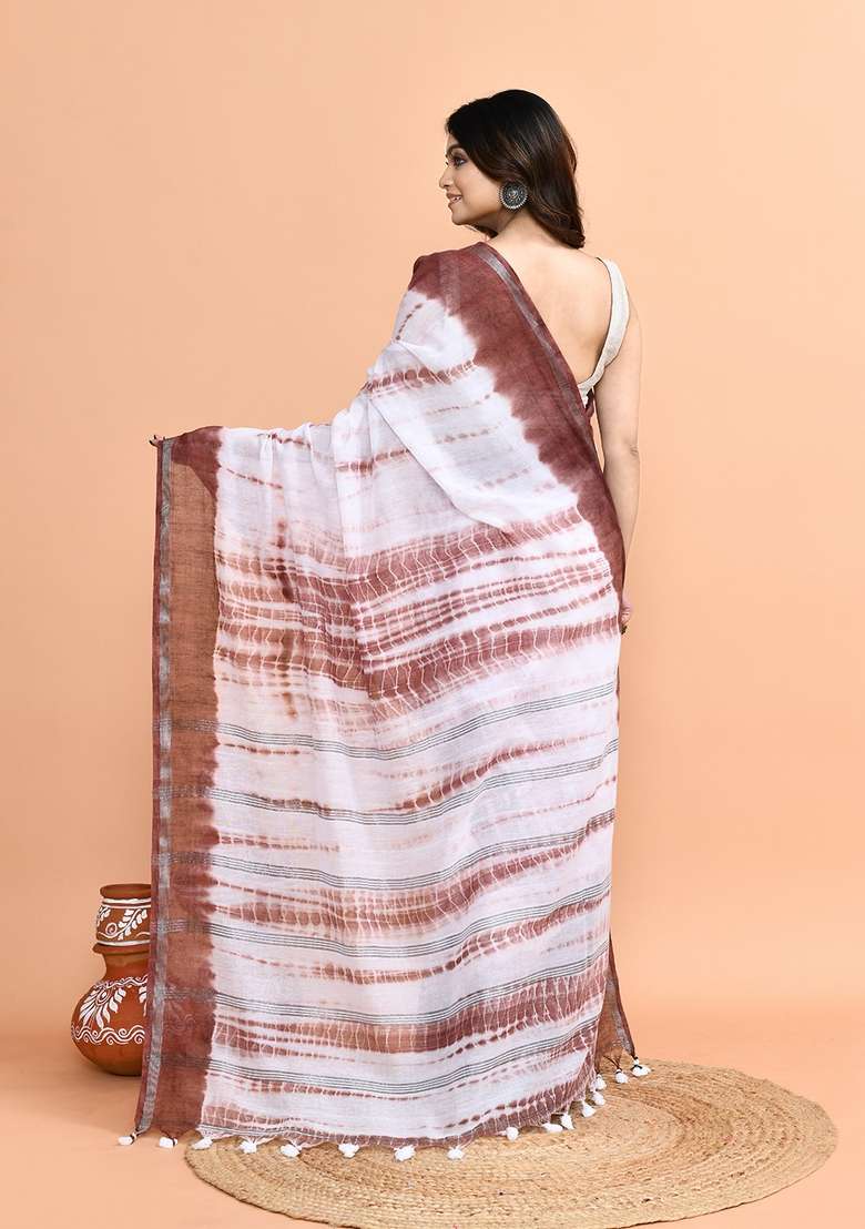 White Brown Printed Cotton Saree Set - Indya