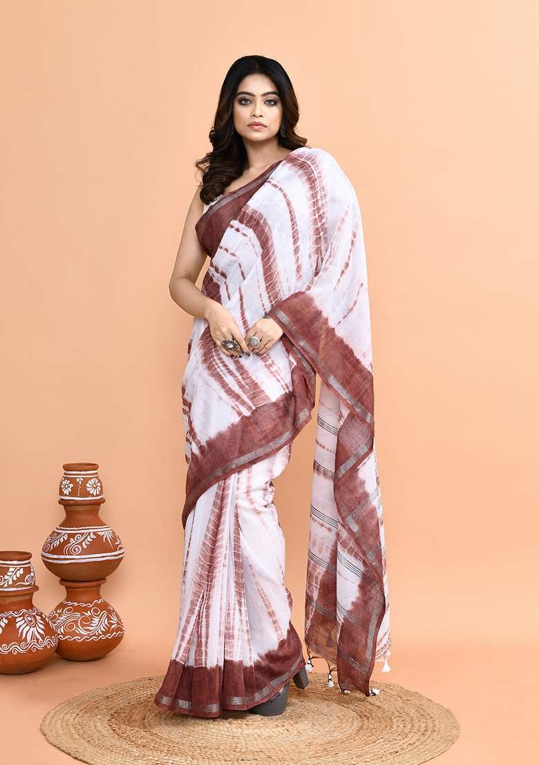 White Brown Printed Cotton Saree Set - Indya