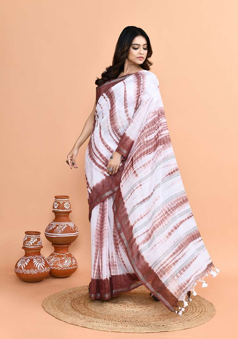 White Brown Printed Cotton Saree Set - Indya