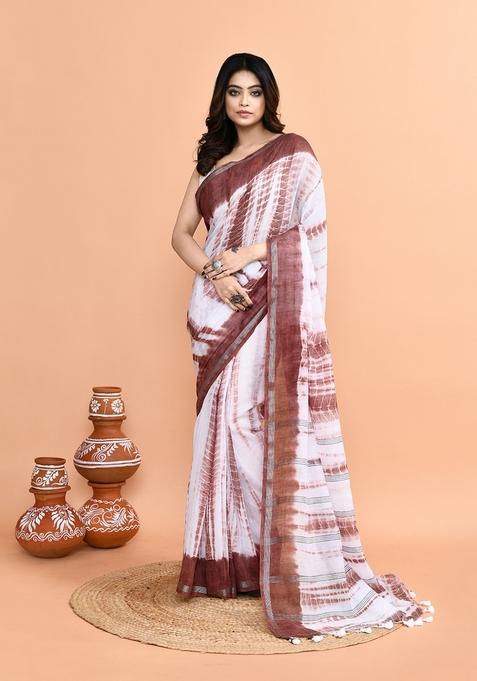 White Brown Printed Cotton Saree Set