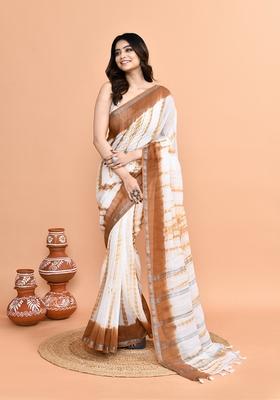 White Brown Printed Khadi Saree Set