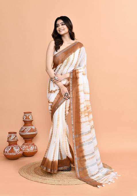 White Brown Printed Khadi Saree Set