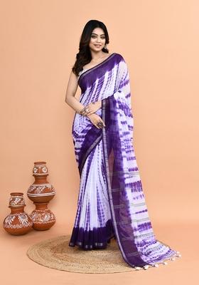 White Purple Printed Khadi Saree Set