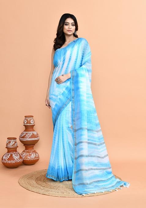 Sky Blue Printed Khadi Saree Set