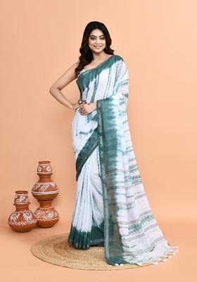 White Pista Printed Khadi Saree Set