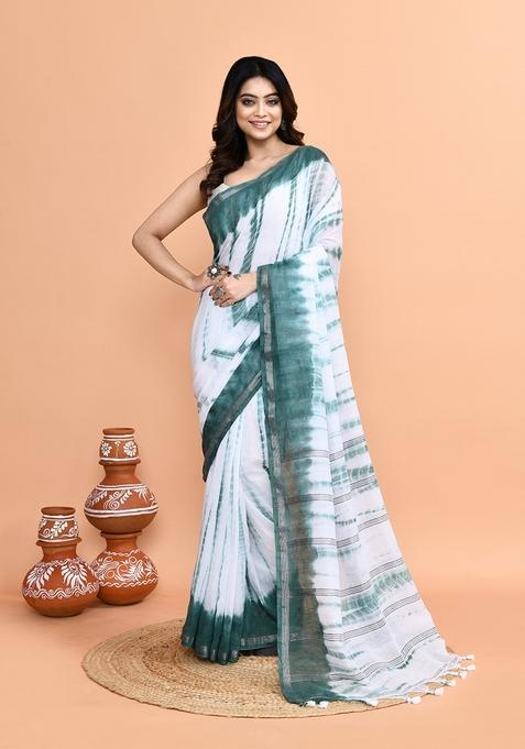 White Pista Printed Khadi Saree Set