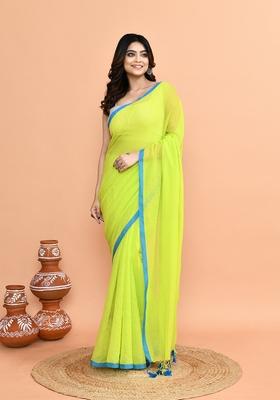 Lemon Green Solid Cotton Saree Set