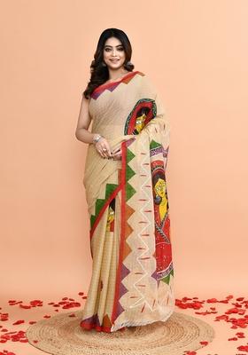 Beige Hand Print Khadi Saree Set