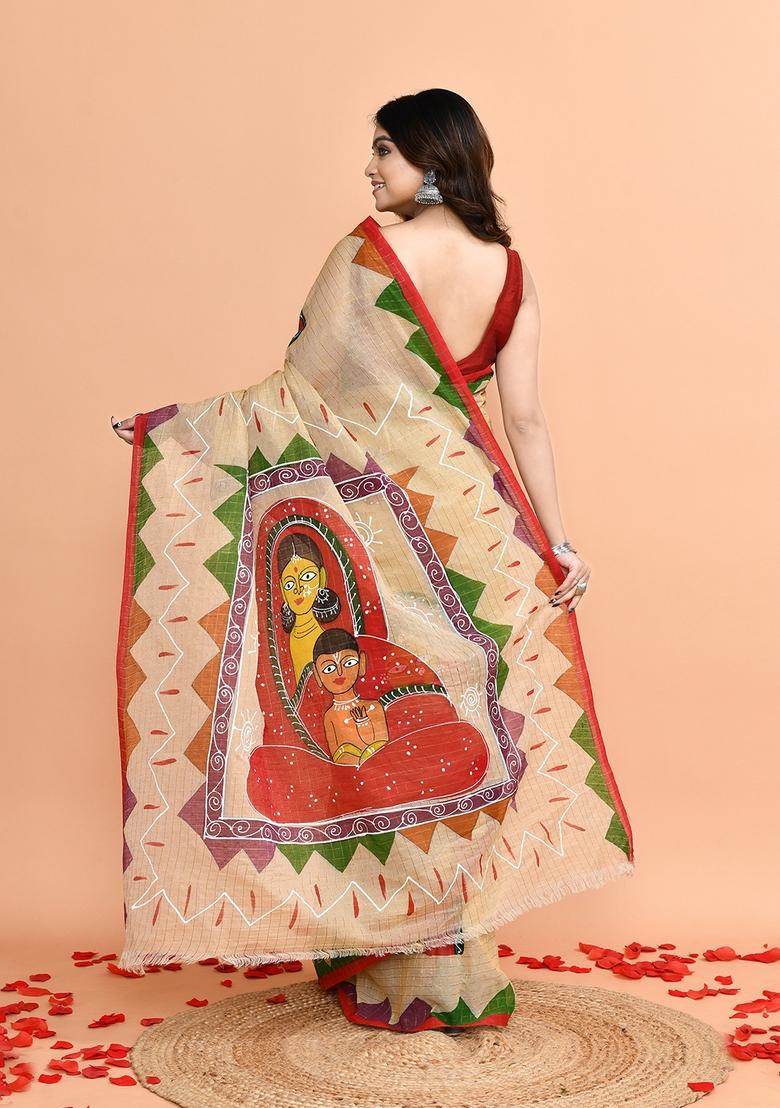 Beige Hand Print Khadi Saree Set