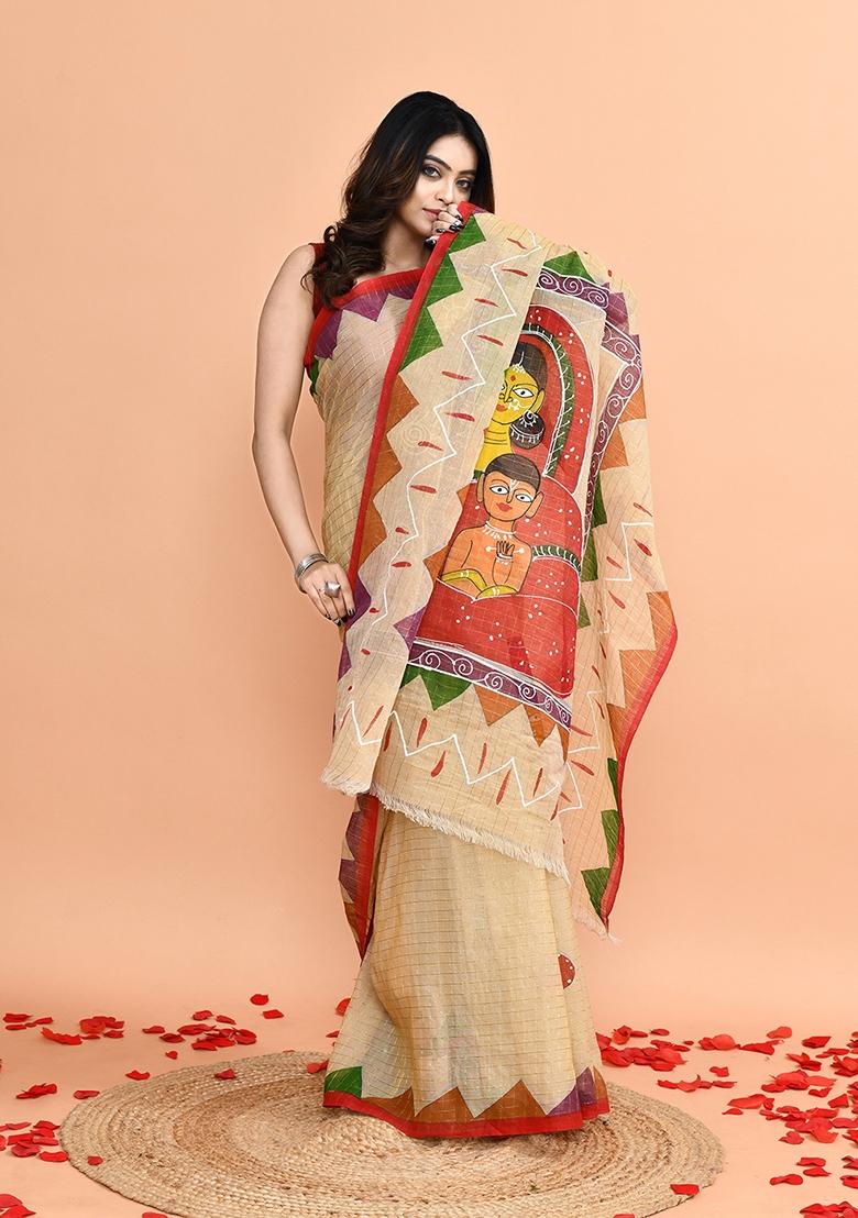 Beige Hand Print Khadi Saree Set
