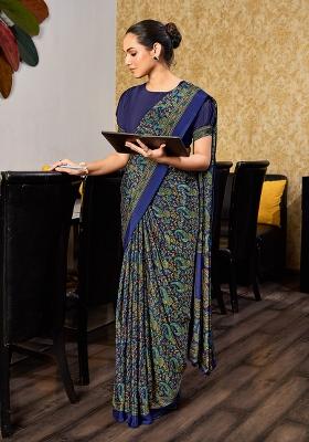 Blue Printed Crepe Silk Saree