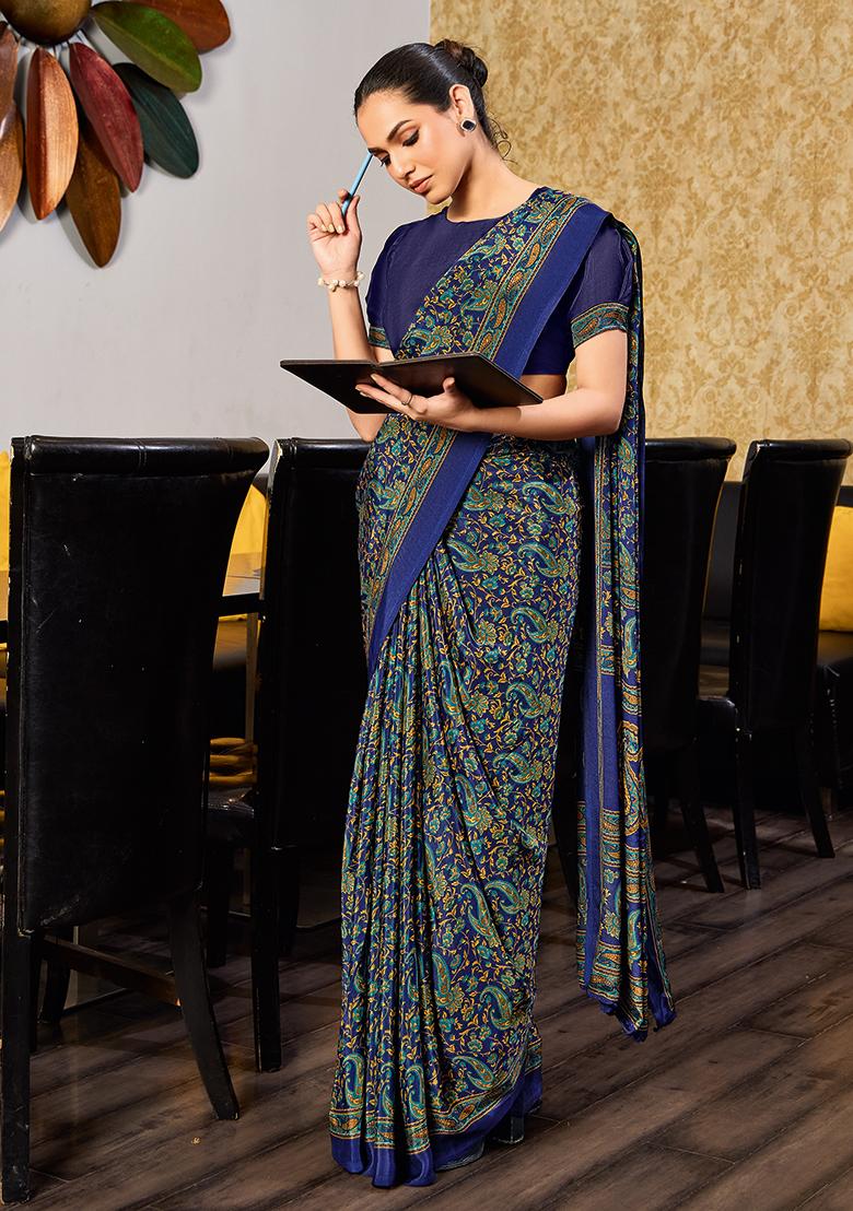 Blue Printed Crepe Silk Saree
