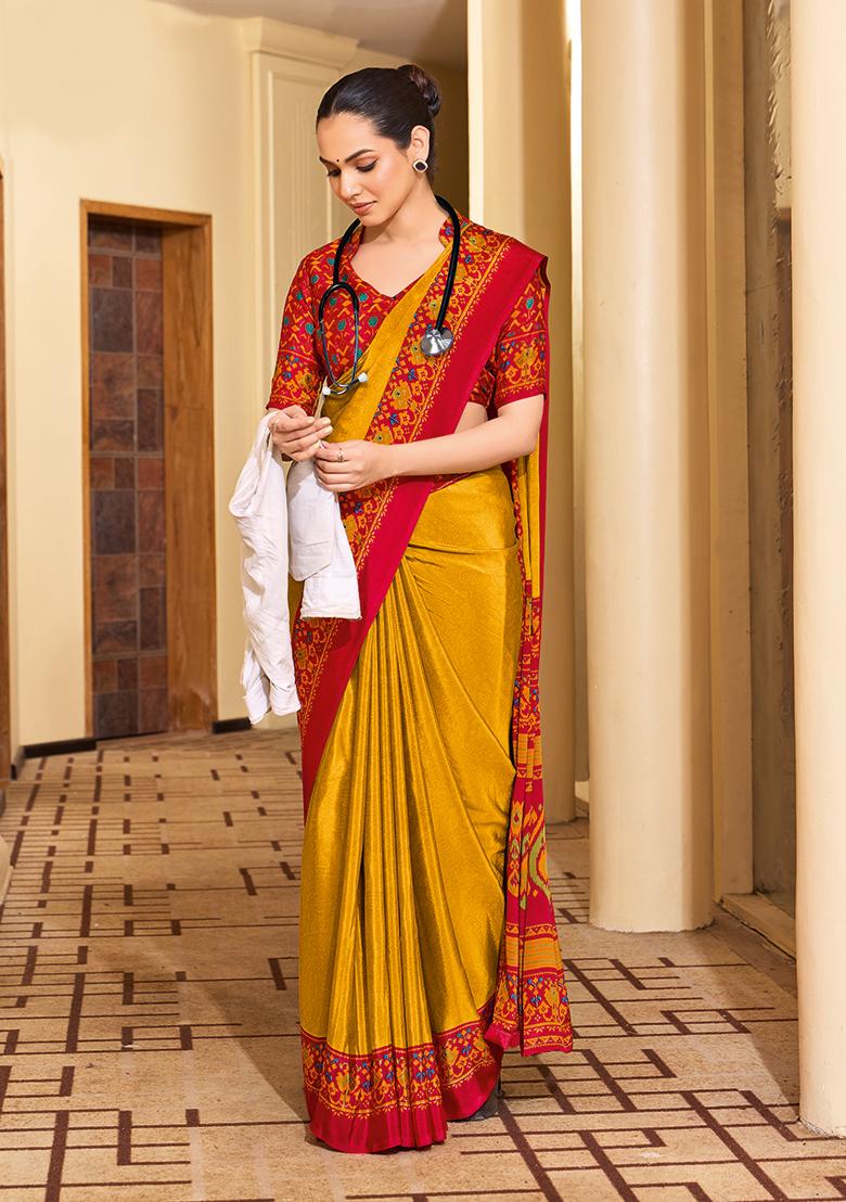 Yellow Printed Crepe Silk Saree