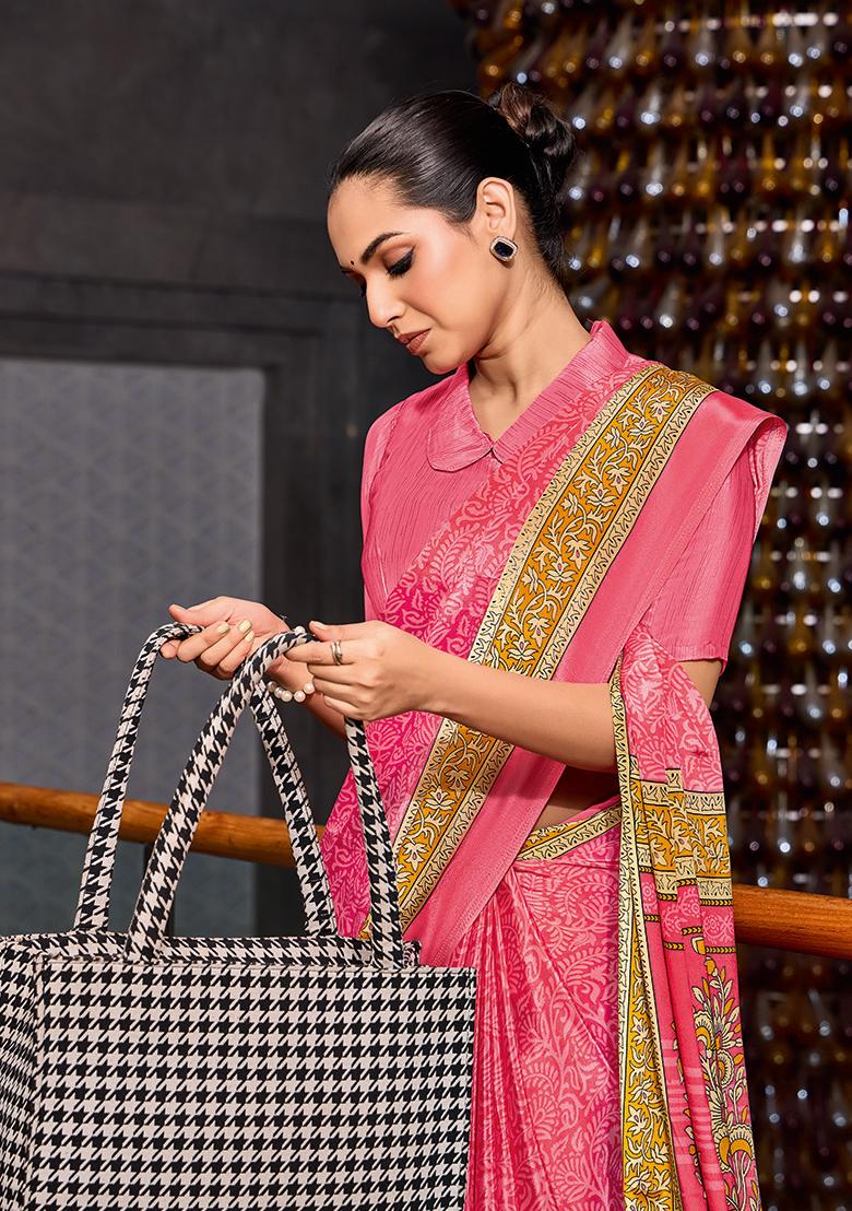 Pink Printed Crepe Silk Saree