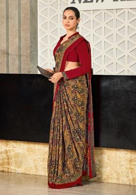 Mustard Printed Crepe Silk Saree