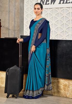 Blue Printed Crepe Silk Saree