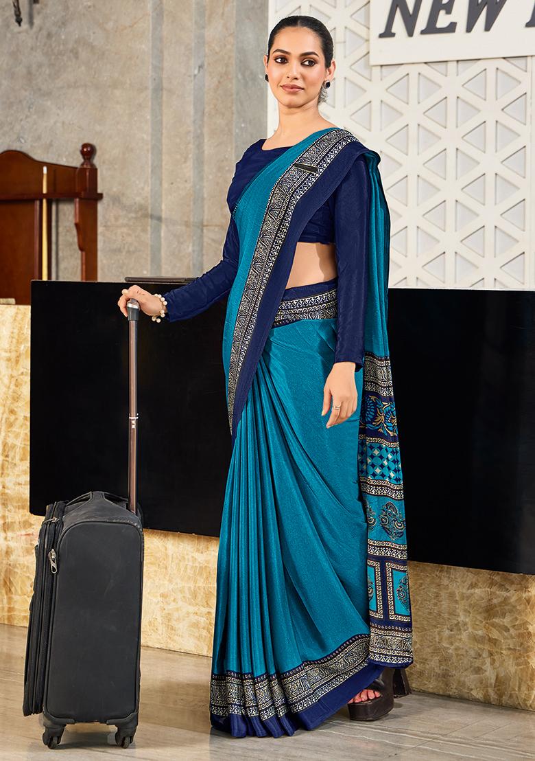 Blue Printed Crepe Silk Saree