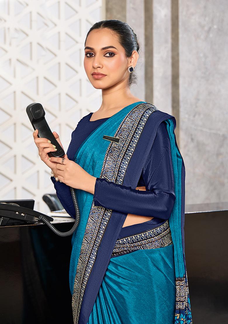 Blue Printed Crepe Silk Saree