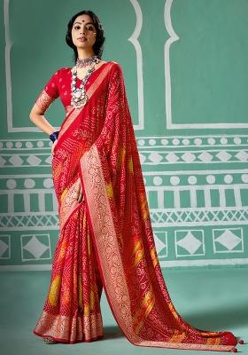 Pink Printed Velvet Tusser Silk Saree