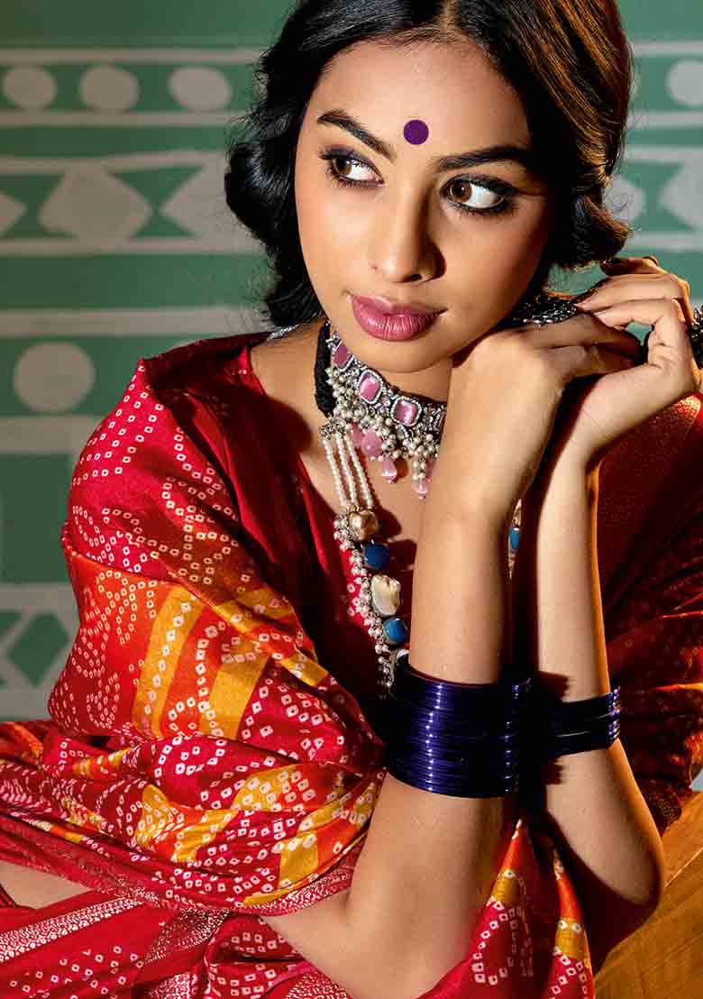 Pink Printed Velvet Tusser Silk Saree