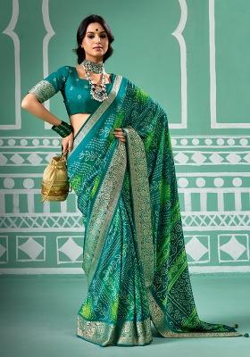 Blue Printed Velvet Tusser Silk Saree