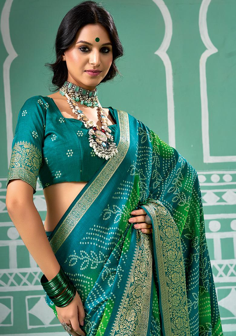 Blue Printed Velvet Tusser Silk Saree
