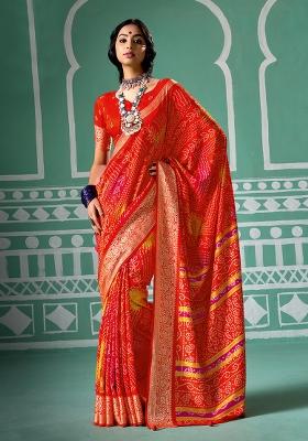 Yellow And Firoji Printed Velvet Tusser Silk Saree