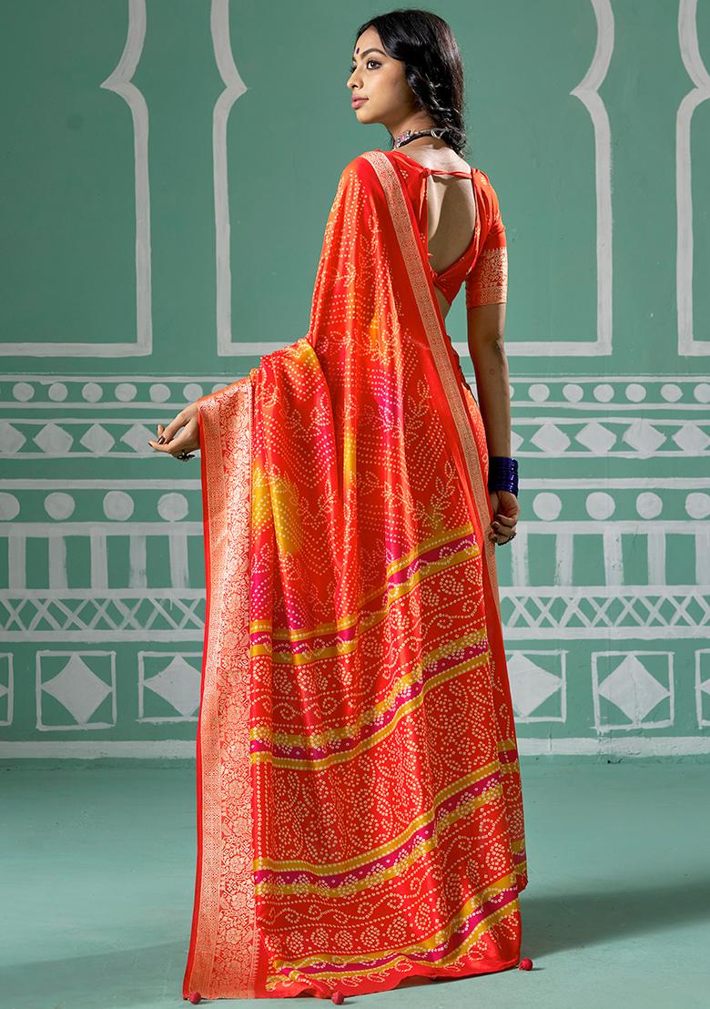 Yellow And Firoji Printed Velvet Tusser Silk Saree
