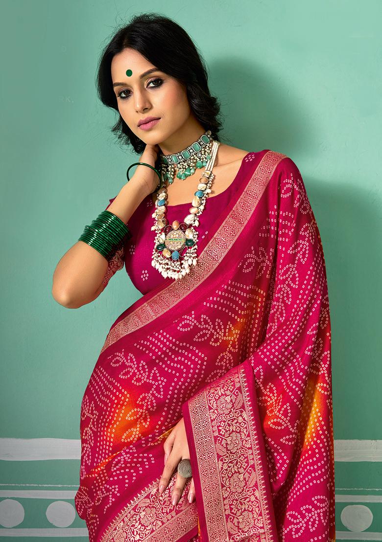 Red Printed Velvet Tusser Silk Saree