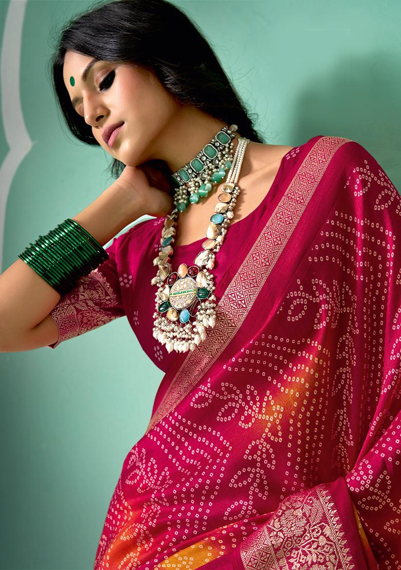 Red Printed Velvet Tusser Silk Saree