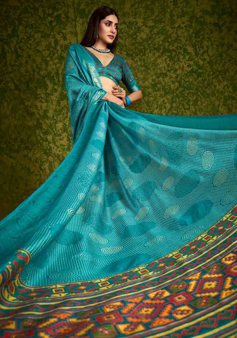 Sea Green Printed Velvet Tusser Silk Saree