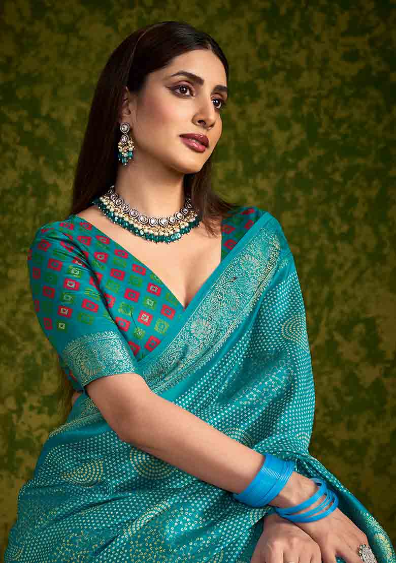 Sea Green Printed Velvet Tusser Silk Saree