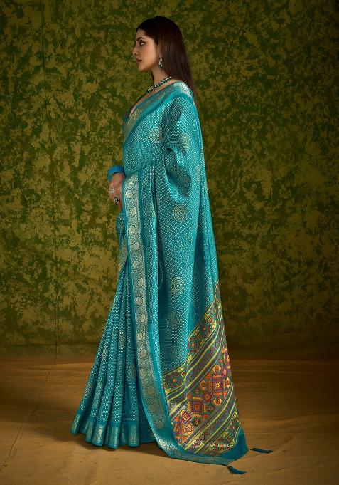 Sea Green Printed Velvet Tusser Silk Saree