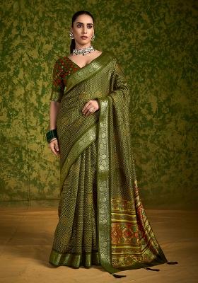 Mehendi Green Printed Velvet Tusser Silk Saree