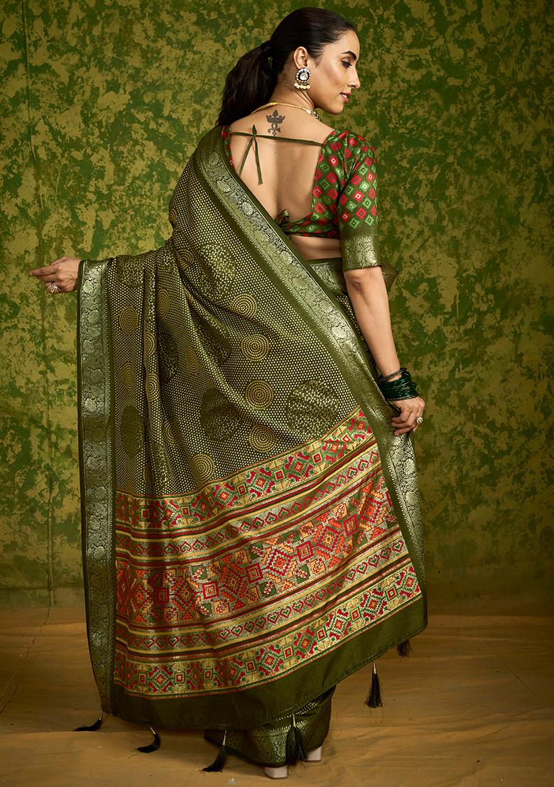 Mehendi Green Printed Velvet Tusser Silk Saree