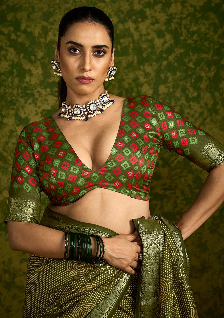 Mehendi Green Printed Velvet Tusser Silk Saree