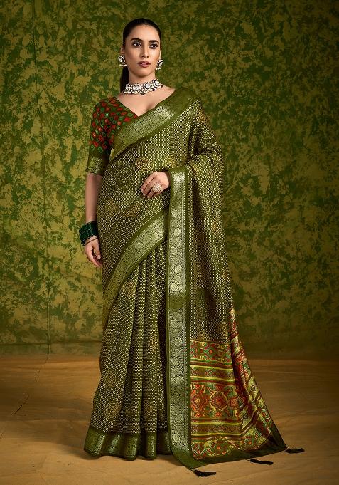 Mehendi Green Printed Velvet Tusser Silk Saree